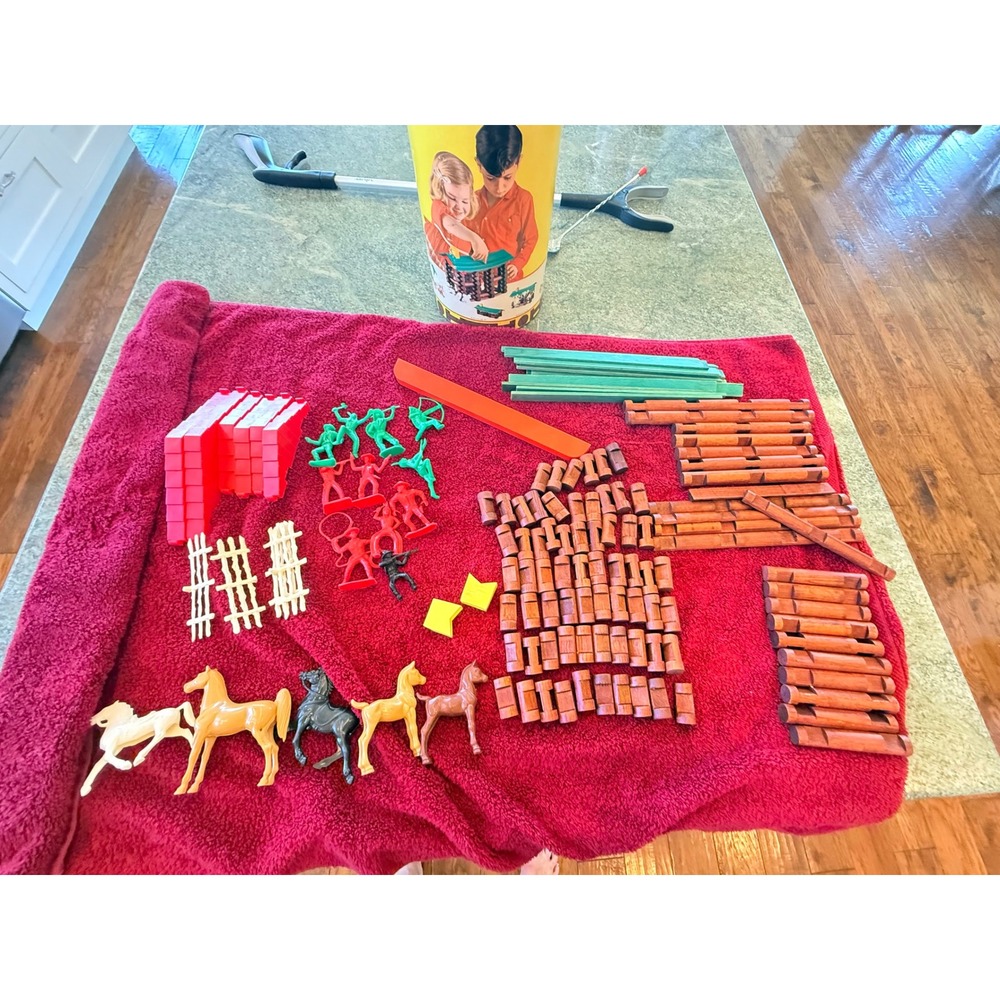 Vintage Playskool Lincoln Logs 92 Piece Lot Wood Logs Figures Original Canister